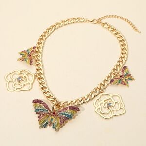 Bold Butterfly & Flower Pendant Necklace – Gold Chain, Sparkling Rhinestones